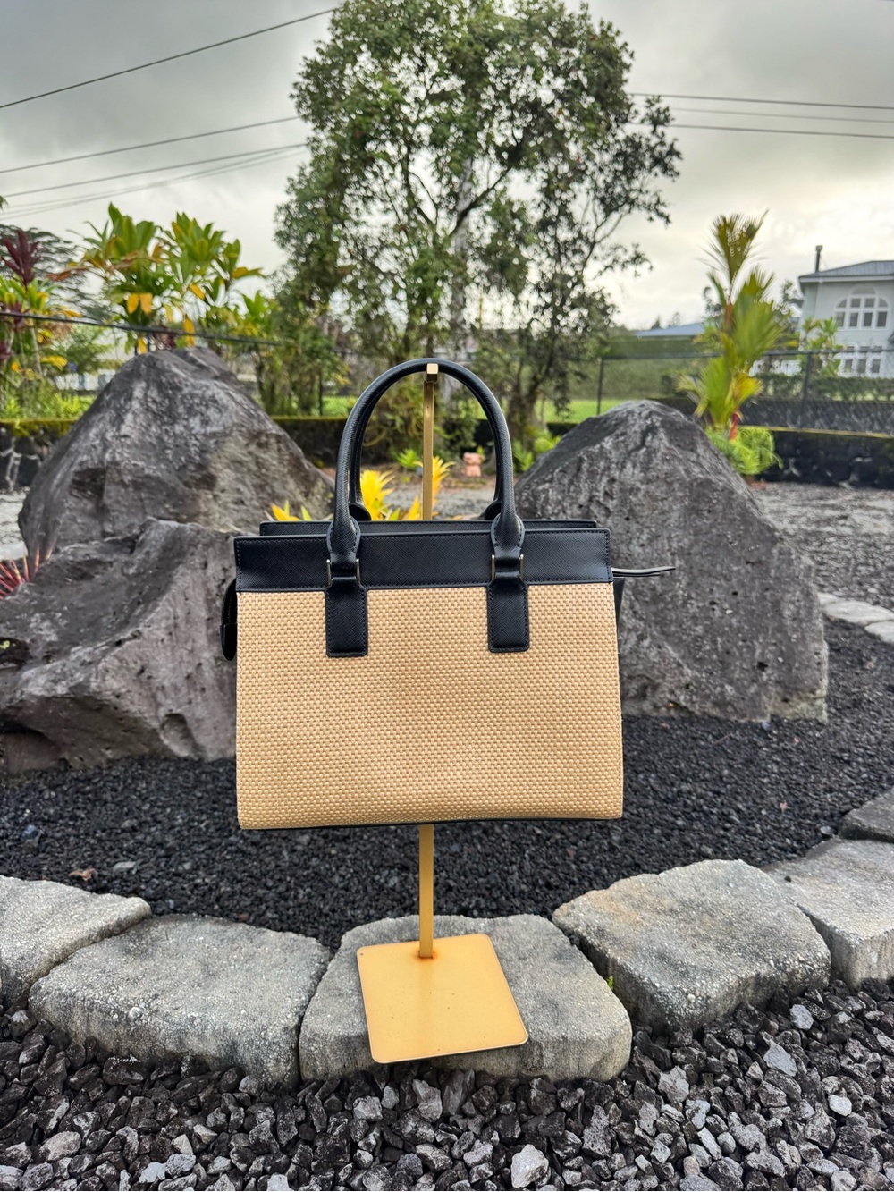 Kate Spade New York Raffia & Black Leather Satchel Crossbody Tote Bag - Picture 3 of 12